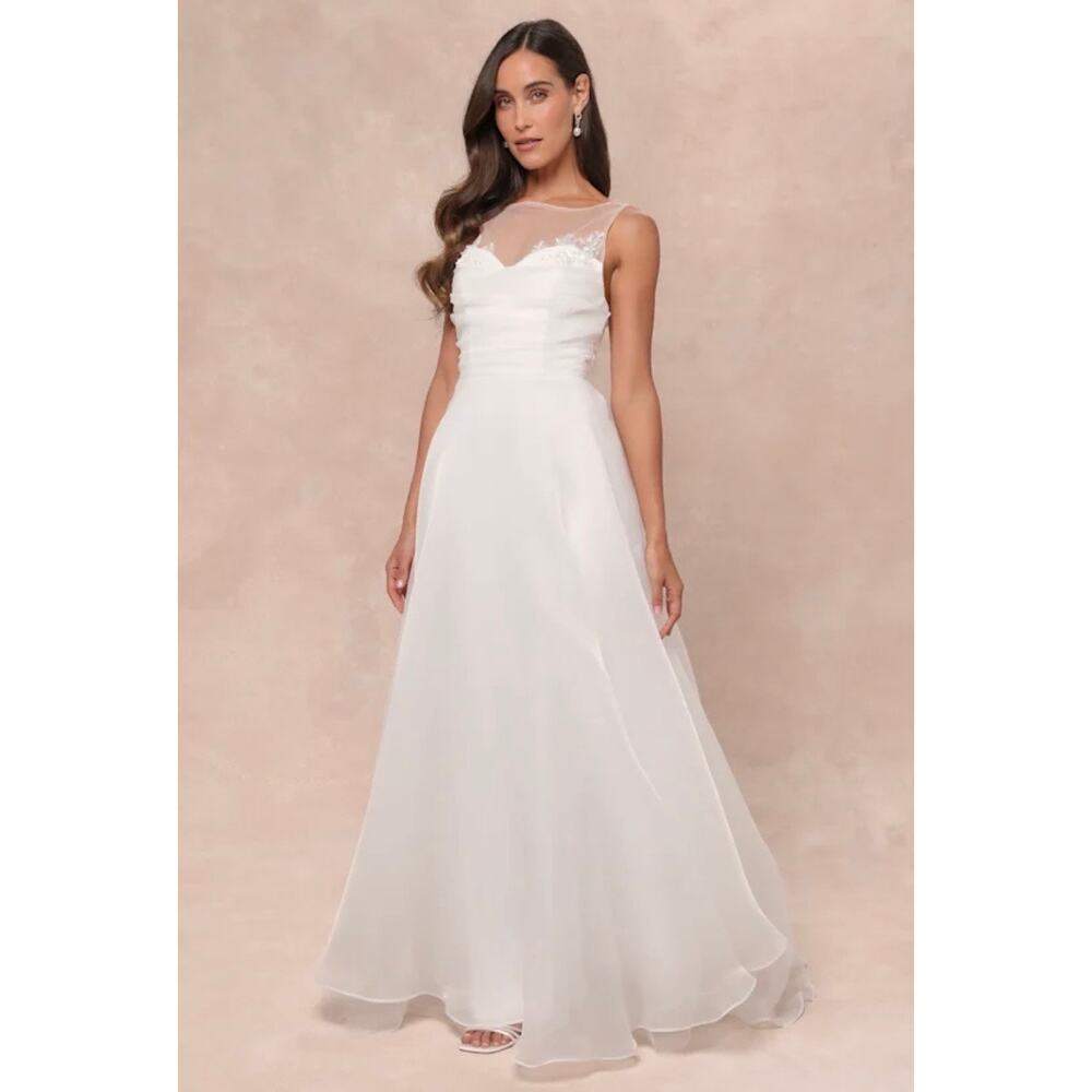 New Lulus Yours for Eternity White Organza Embroidered Maxi Dress MSRP $148